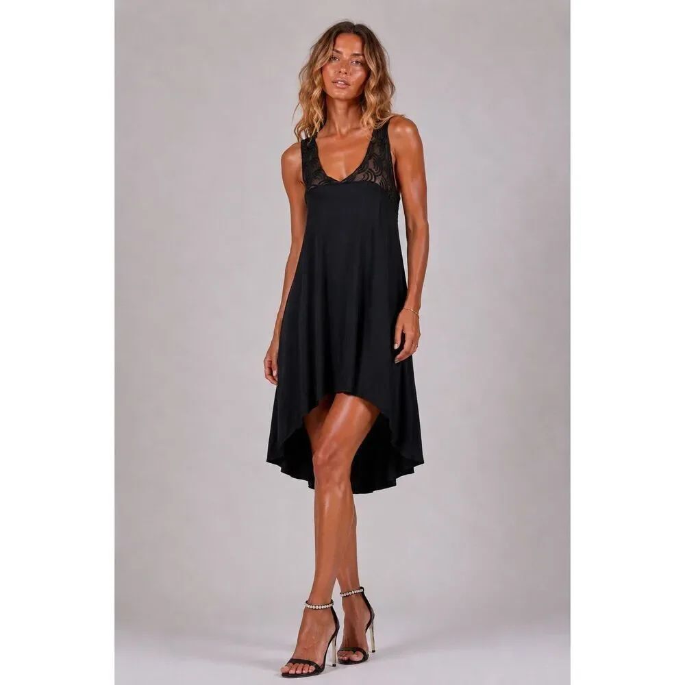 For Love & Lemons Black Asymmetrical Midi Dress Sheer Lace Back Viscose USA Made